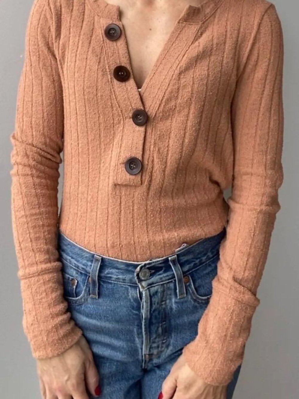 Free People Dusty Coral Low V-Neckline Long Sleeve Top- Button detail- Small